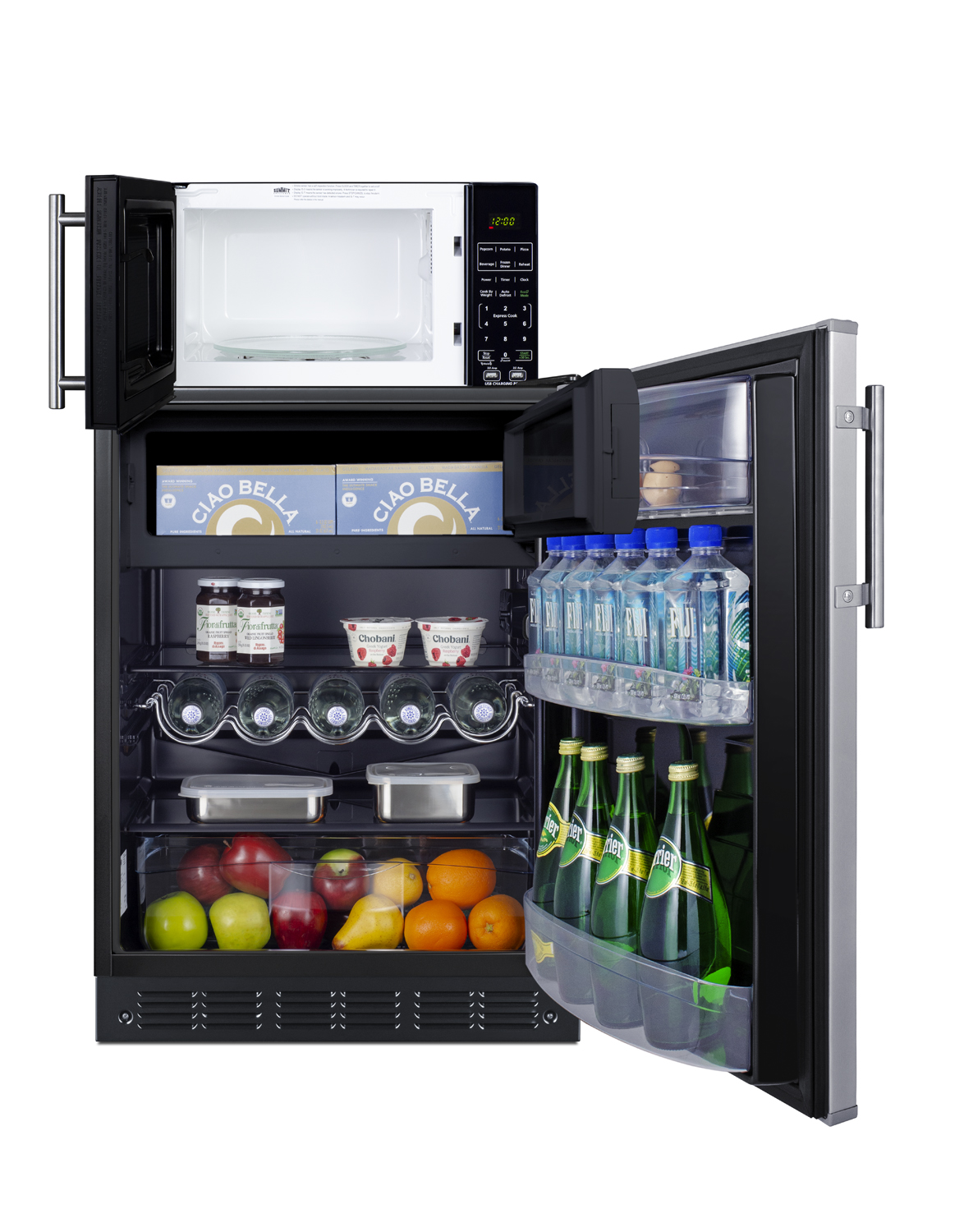 Counter height refrigerator-freezer with stainless steel door and compact microwave in black with allocator and USB ports for 1-plug operation; ships in three boxes on one pallet